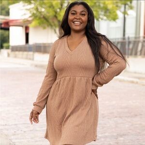 Tan A-line Knee-length Casual Dress with Long Cuffed Sleeves and V-neck